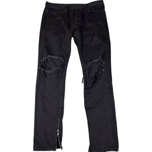 MNML Jeans Mens 38 Black Distressed‎ Knee Ankle Zip Slim Fit Denim Pants